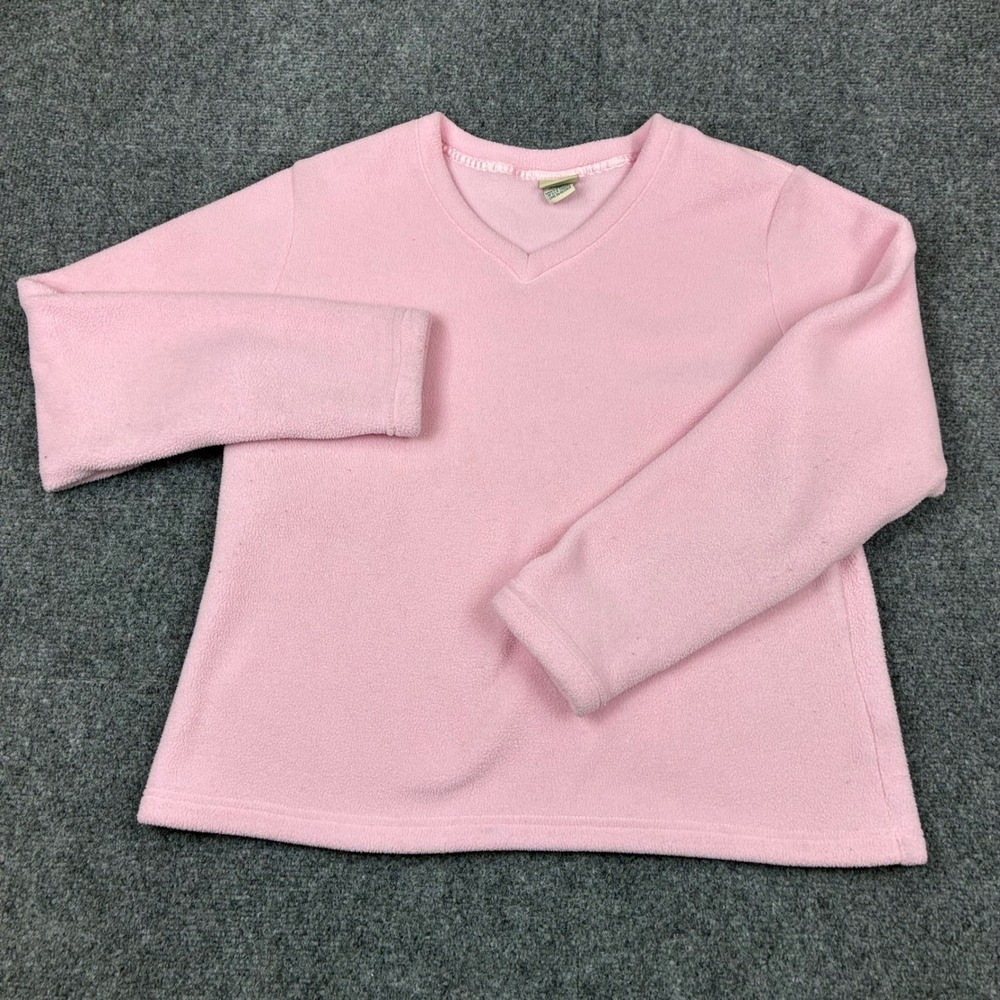 Vintage LL Bean Womens Pink Fleece V-Neck Pullover Sweater Size Large 0 BGF1